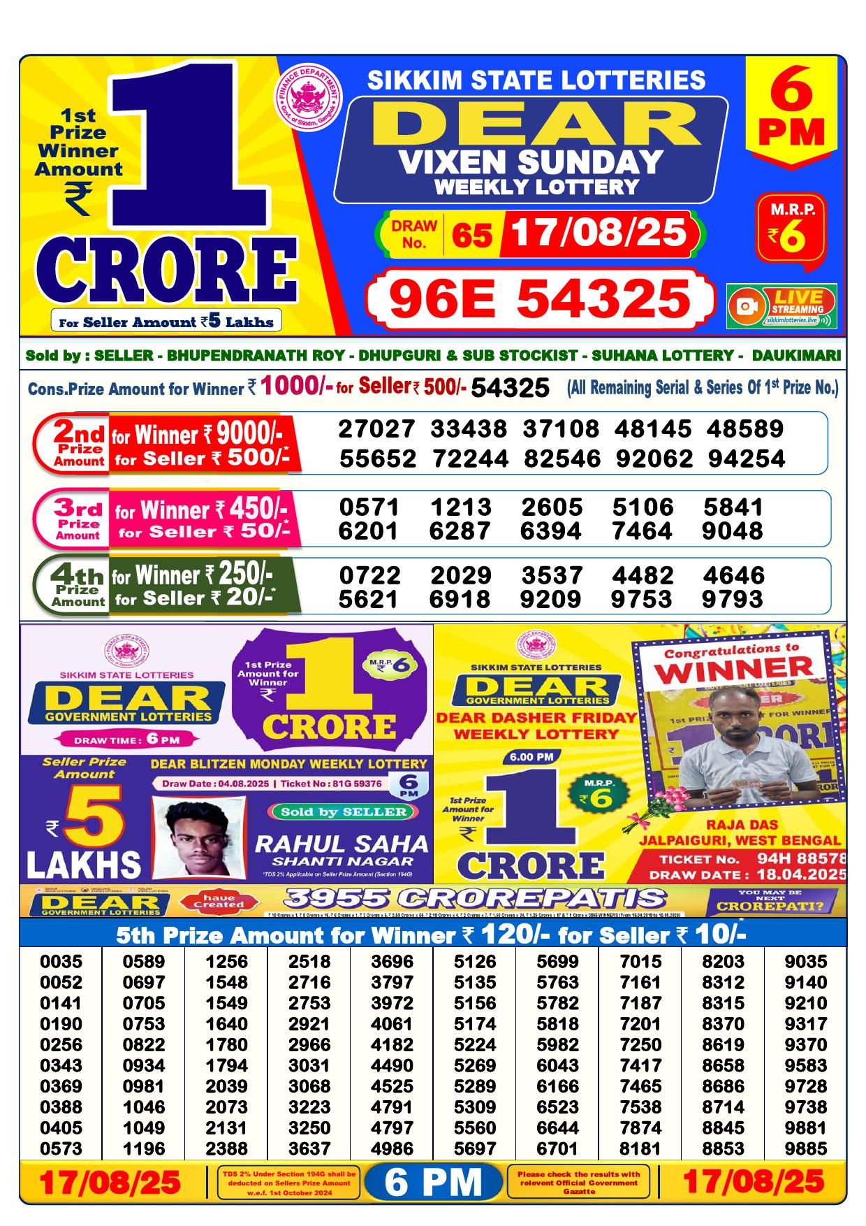 Dear Result Chart 6PM – Latest official result image